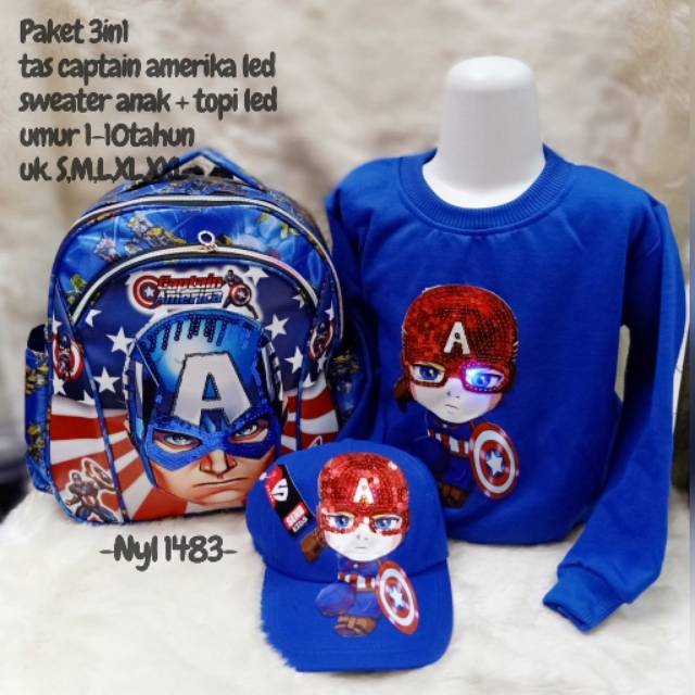 paket 3in1 tas anak led gratis topi dan switer led