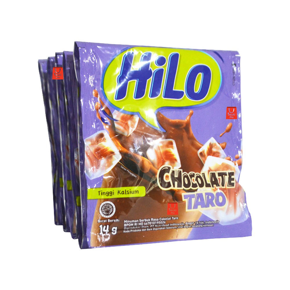 

Hilo Chocolate Taro Minuman Serbuk Tinggi Kalsium Rasa Coklat Taro - 10pcs x 14gr