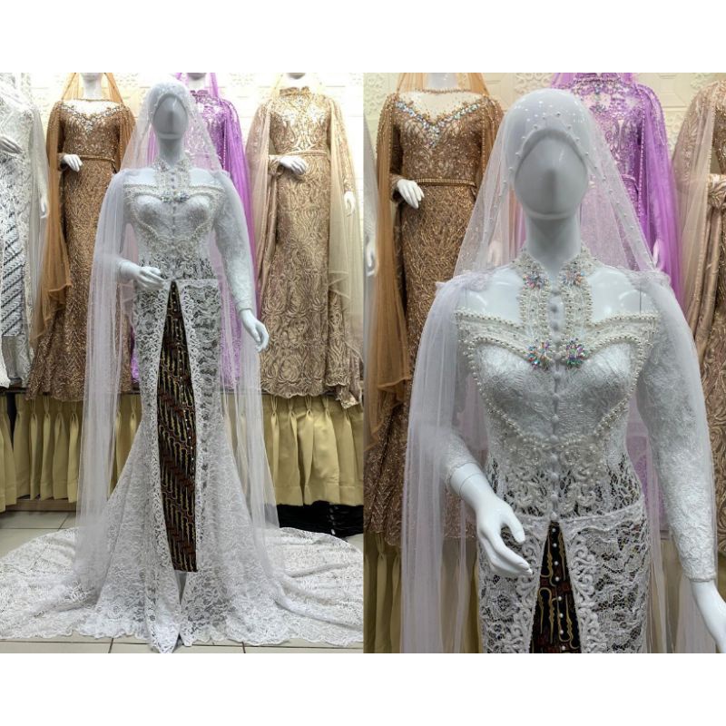 GAUN DRESS KEBAYA PENGANTIN AKAD BELAH WARNA PUTIH TULANG ( BW )