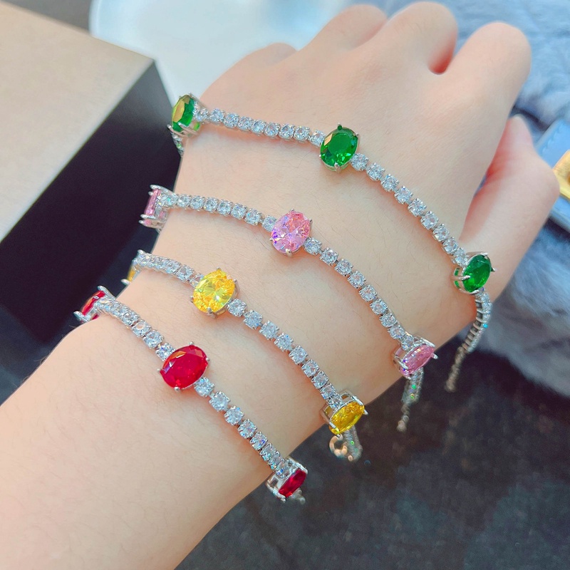 Gelang 925 Silver Bentuk Oval Aksen Ruby Zamrud Untuk Wanita