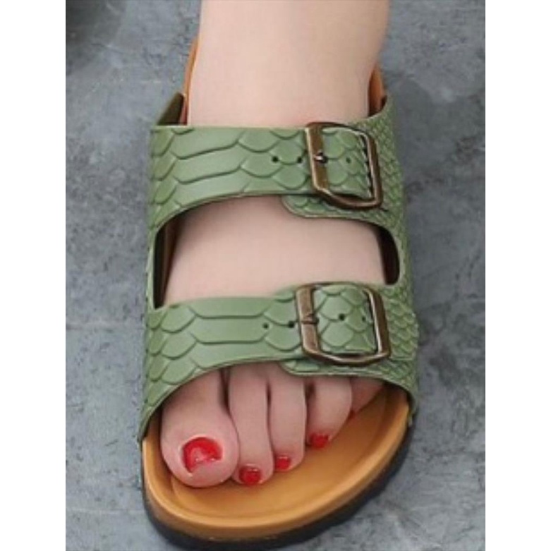 Sandal Slop Wanita Jelly Ban 2 Gesper Besi Motif Ular Super Elegant Keren Import Mokaya / Size 36-40 (8038-1)