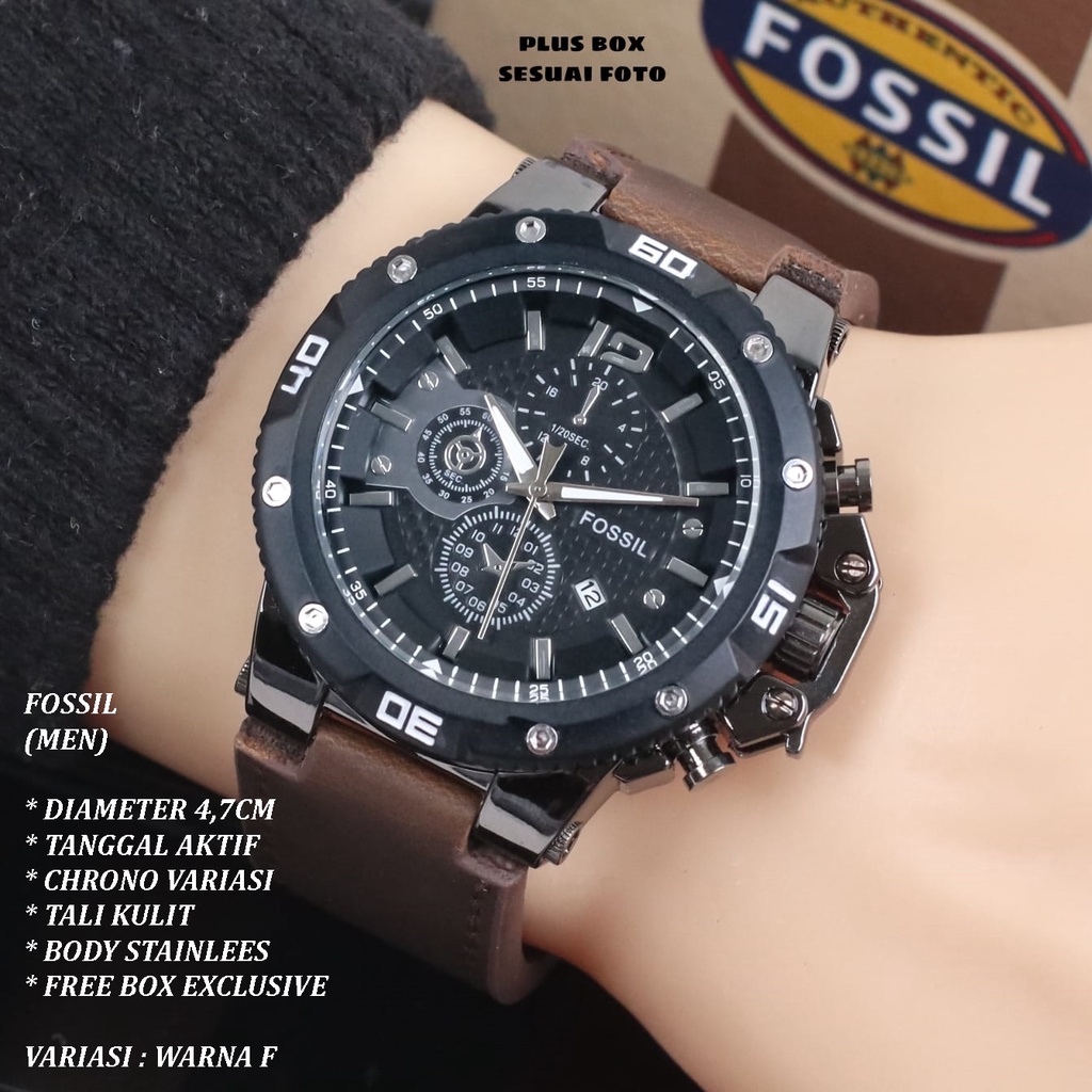 (FREE BOX) JAM TANGNA PRIA FASHION TALI KULIT BODY BULAT TANGGAL AKTIF CHRONO OFF