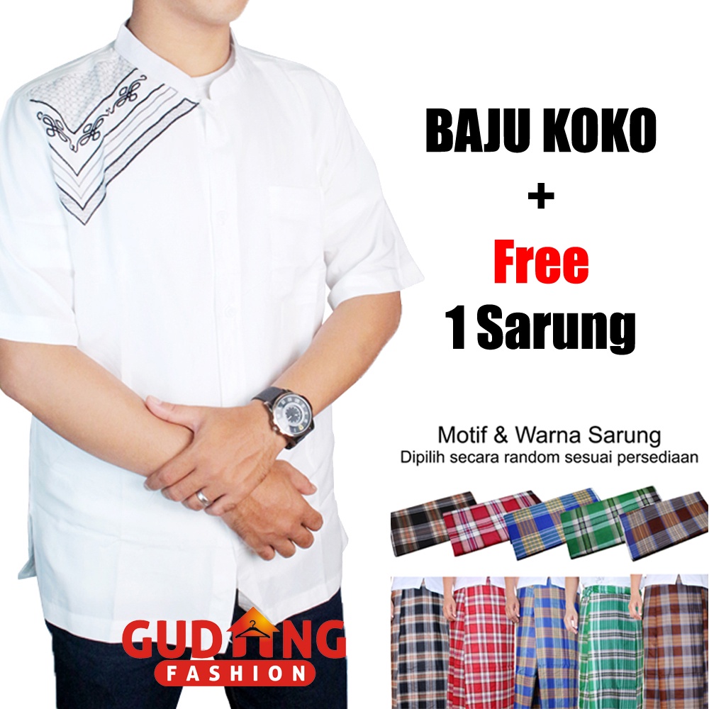 Kemeja Koko Putih Pria Lengan Pendek + Free Sarung