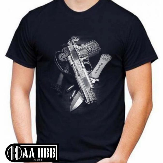 }}}}}}] kaos pistol m1911 pisau t-shirt tactical airsoft baju gambar tembak