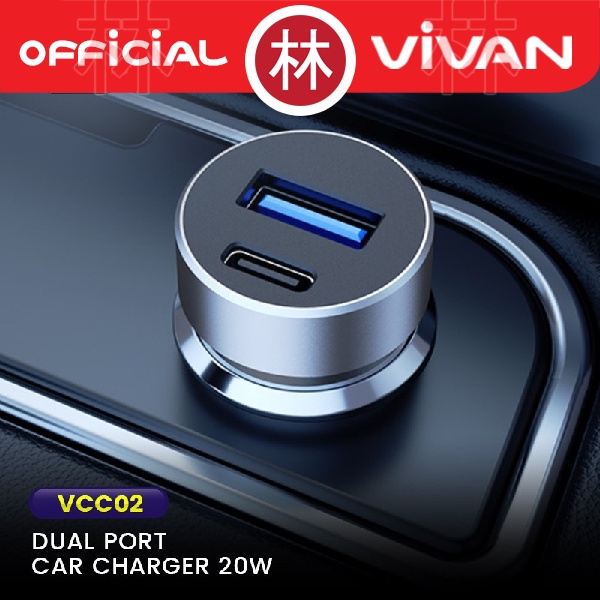 VIVAN VCC02 Car Charger Casan Mobil 2 Port USB-A USB-C 20W 3A QC3.0 PD