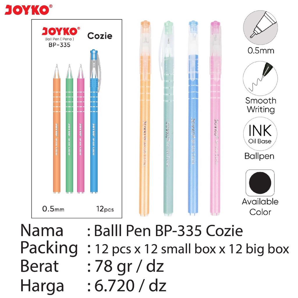 

Ballpen/ Pen/ Pulpen JOYKO BP-335 Cozie- Black 0.5mm (12pcs)