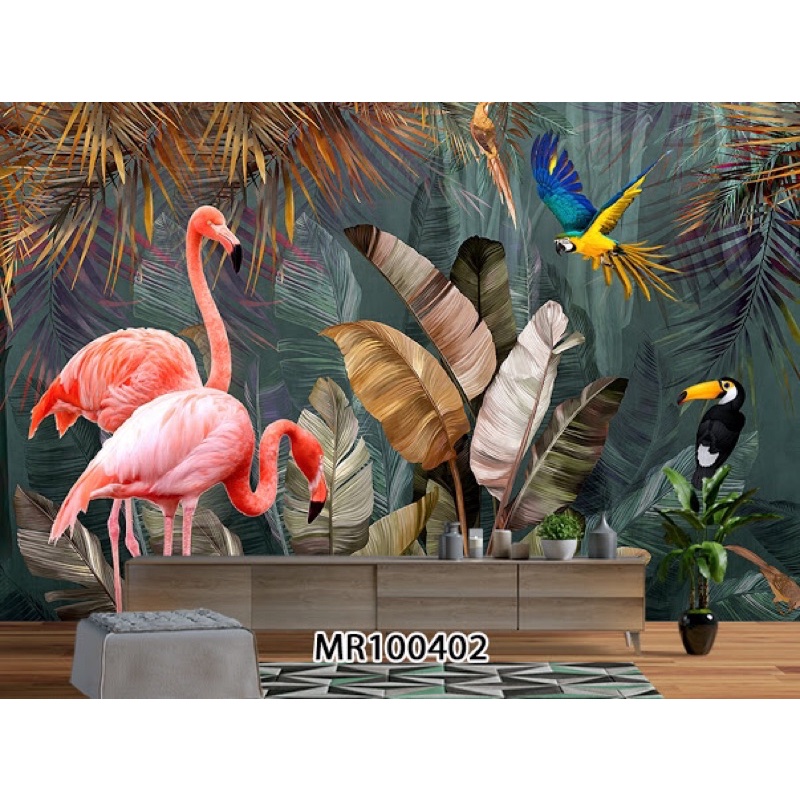 PHOTOWALL MURAL 3D DINDING WALLPAPER MURAL MOTIF BURUNG FLAMINGO TROPICAL