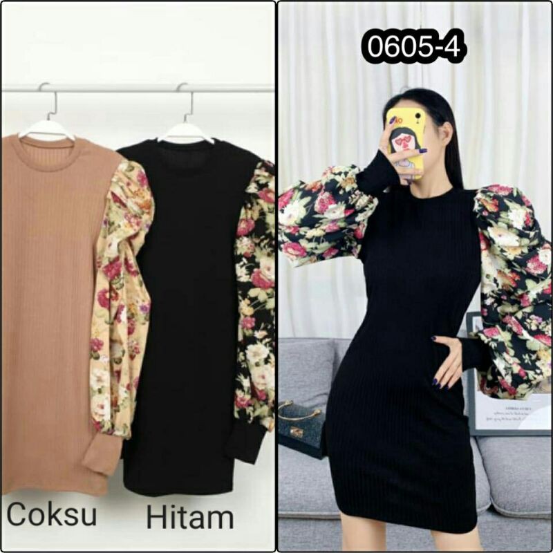 KOREAN DRESS TUNIK RAJUT BALLON FLOWER 0605-4