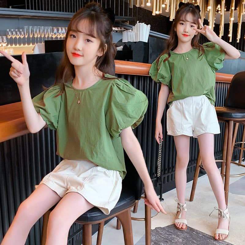 Setelan Anak Perempuan Shoulder Puff Sage Green
