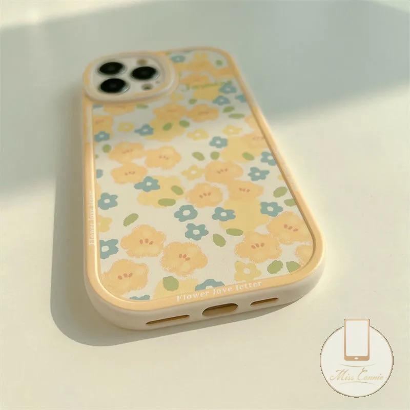 IPHONE Ins Fashion Retro Bunga Kuning Casing Ponsel Kompatibel Untuk Iphone11 7 8 Plus 12 13 11 14 Pro Max X XR XS Max 6 6s 7Plus 8Plus SE 2020 Plus Perlindungan Lensa Oval TPU Lembut Full Cover