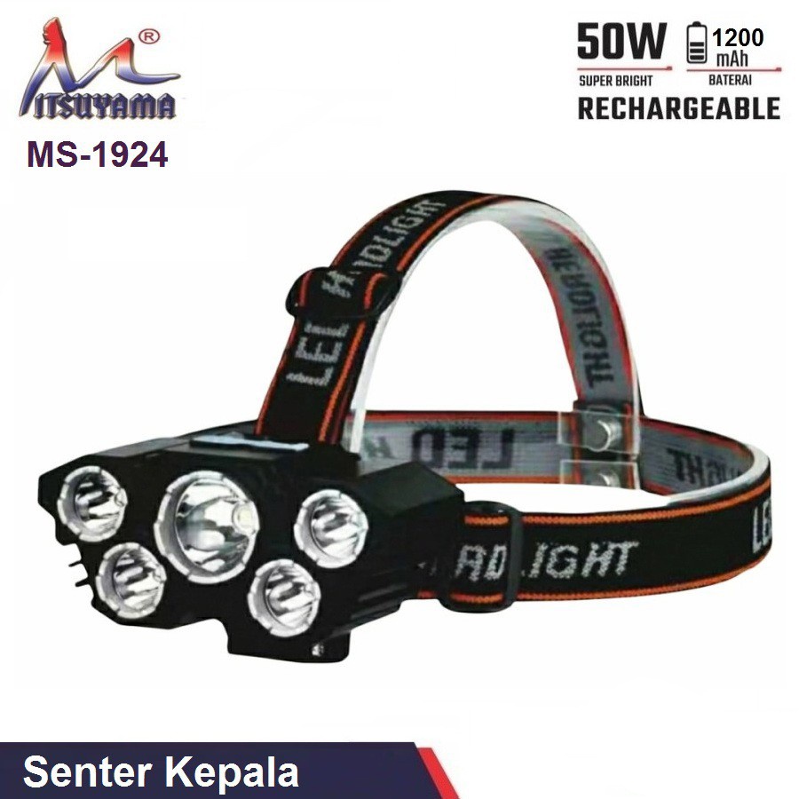 Mitsuyama MS-1924 Senter Kepala Cas LED 5 Mata USB Rechargeable 50 Watt Original