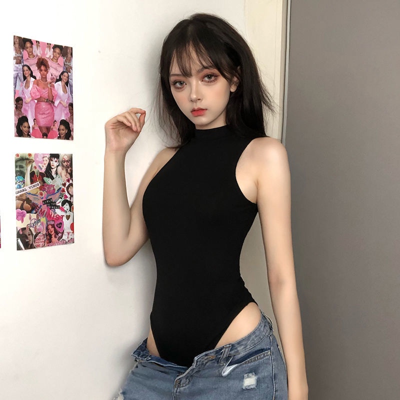 Pro Rapcopter Rompi Tanpa Lengan Bodysuit Wanita Warna Solid Bawahan Kemeja Eropa dan Amerika Hot Gi