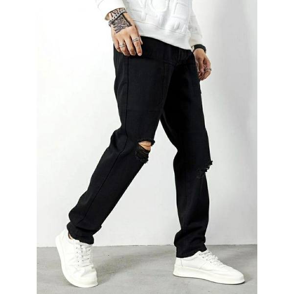 CELANA SOBEK PRIA RIPPED JEANS REGULER STANDAR BASIC JINS ROBEK HITAM 27-38