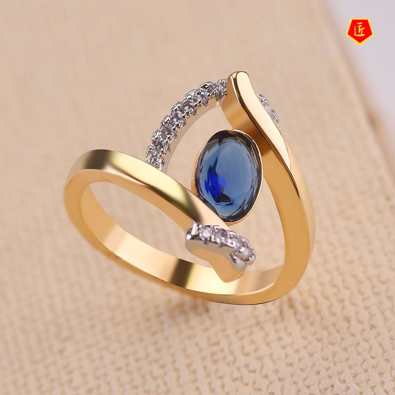 [Ready Stock]18K Gold Inlaid Sapphire Two-Tone Ring Creative Personality