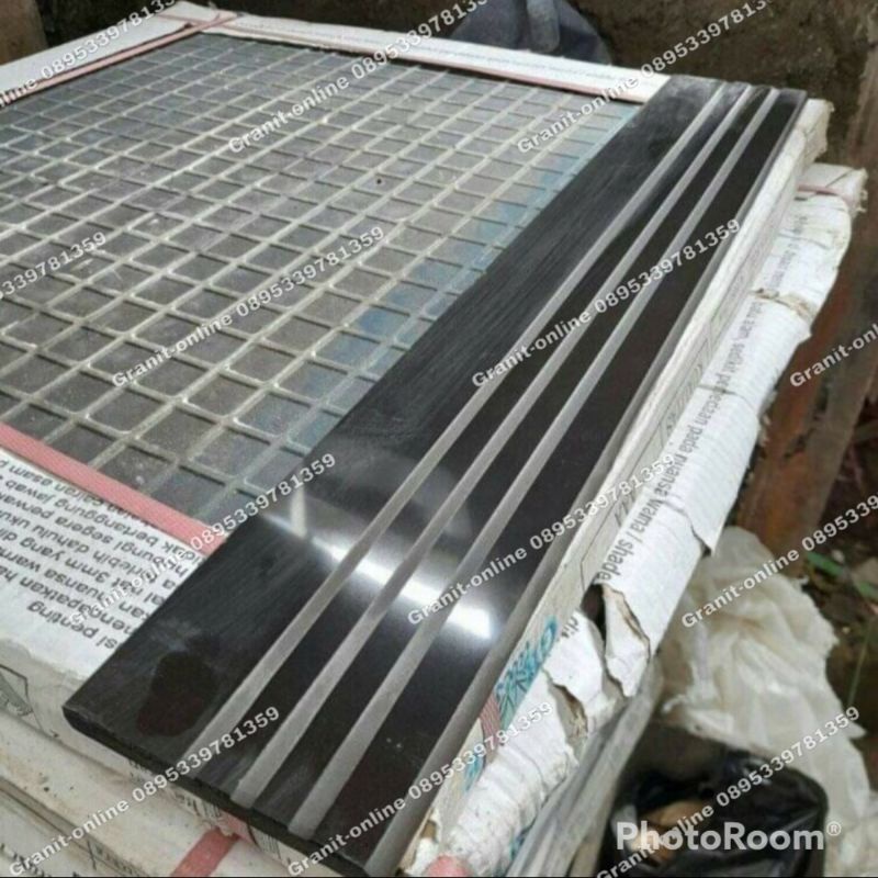 Granit list plint stepnosing 10x60 hitam polos bevel pinggul samping satu sisi
