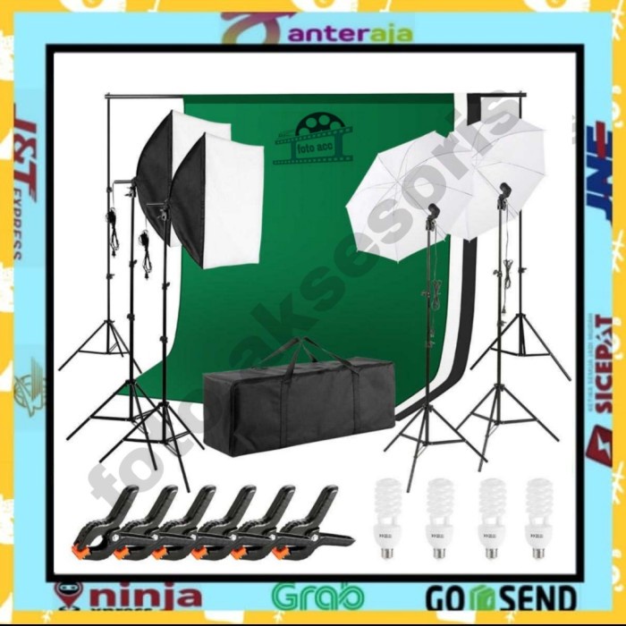 {adenastore} lighting studio fotografi set green screen duble softbox dan umbrella Limited