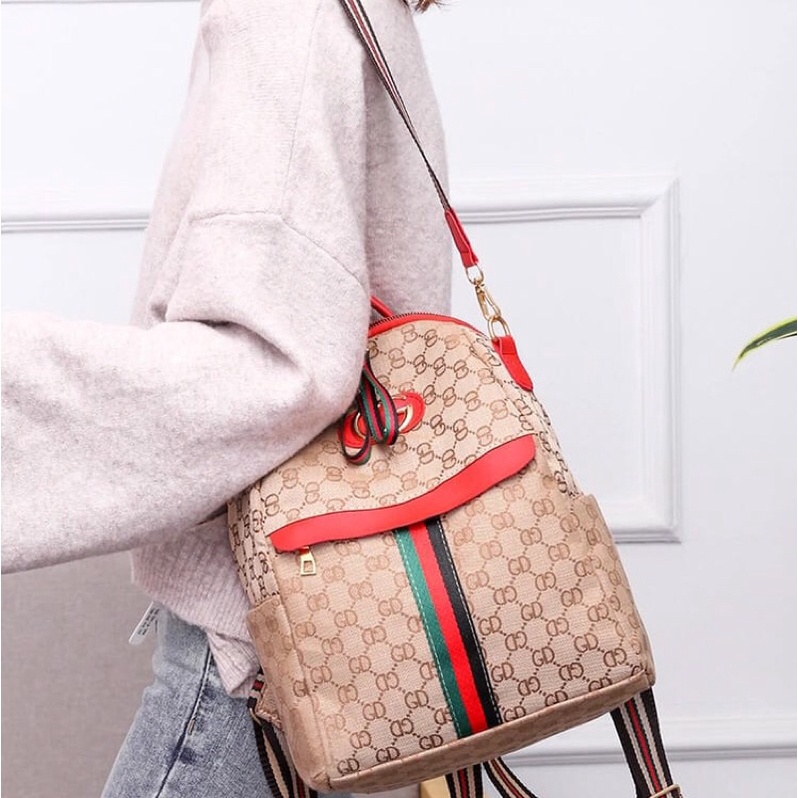 SG9539 syafniegery CG Monogram Striped Backpack import ransel wanita