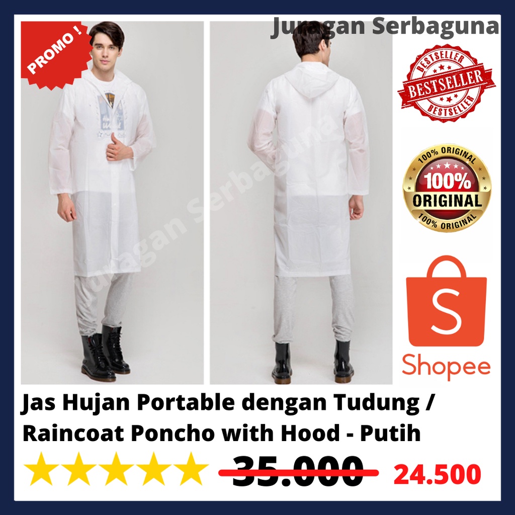 Jas Hujan Portable dengan Tudung / Raincoat Poncho with Hood - Putih