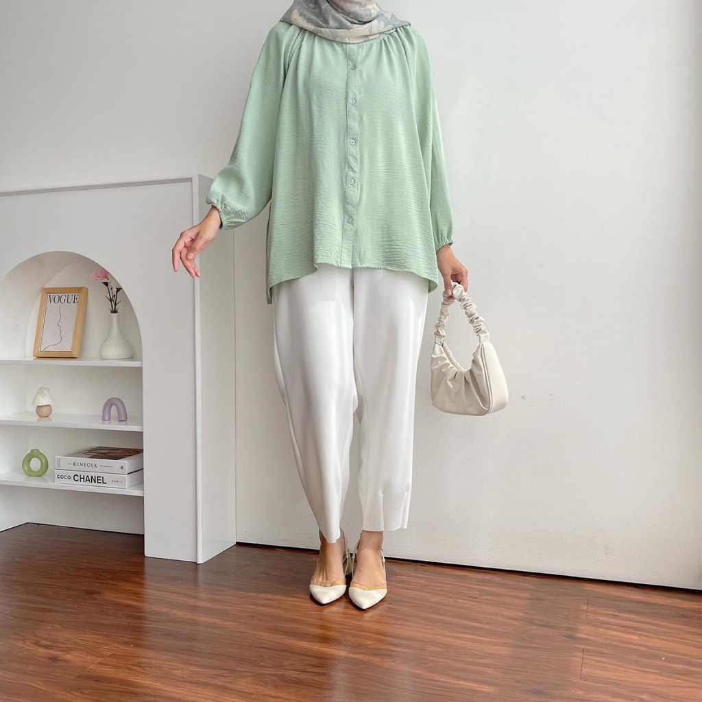 Sachi Blouse Atasan Kemeja Katun Crinkle Polos Oversize Lengan Balon Busui Jumbo Wanita