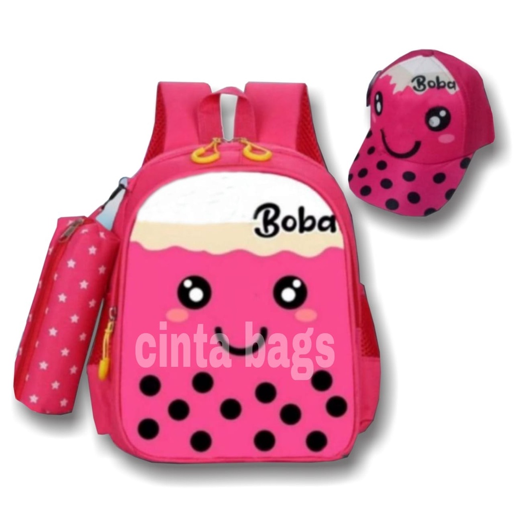 Tas Ransel Sekolah Anak Perempuan TK SD Karakter Boba Bubble Drink Murah + Topi Boba