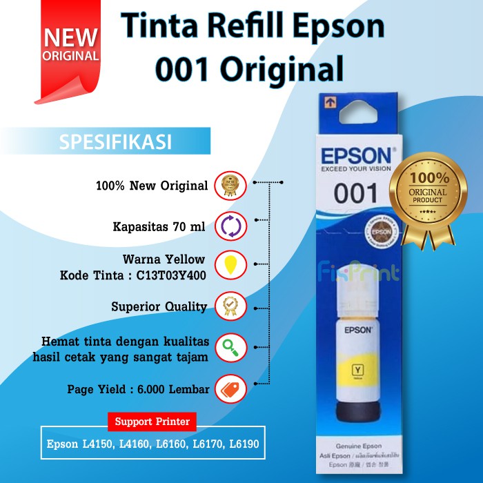 SET CMYK Tinta Refill Epson 001 Original Ink Bottle Printer Inktank L4150 L4160 L6160 L6170 L6190
