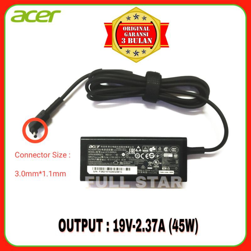 Adaptor Charger  Acer swift 3 SF314 41 SF314 56G SF314-51 SF314-52 SF314-52G SF314-51-52DH SF314 54G  Spin 1 SP111-31 Spin 3 SP31 Spin 5 SP513-51-55ZR SP513-51-57TP 19V-2.37 Original 3.0*1.1