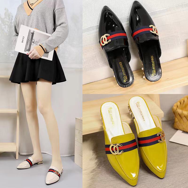 BJS9712 - BLACK/YELLOW - Sandal Slip On Import Elegan Wanita Cantik SANDAL PESTA WANITA GLOSSY CC FASHION IMPORT TERMURAH TERLARIS TERBARU BAGSTORE JAKARTA JSH9712