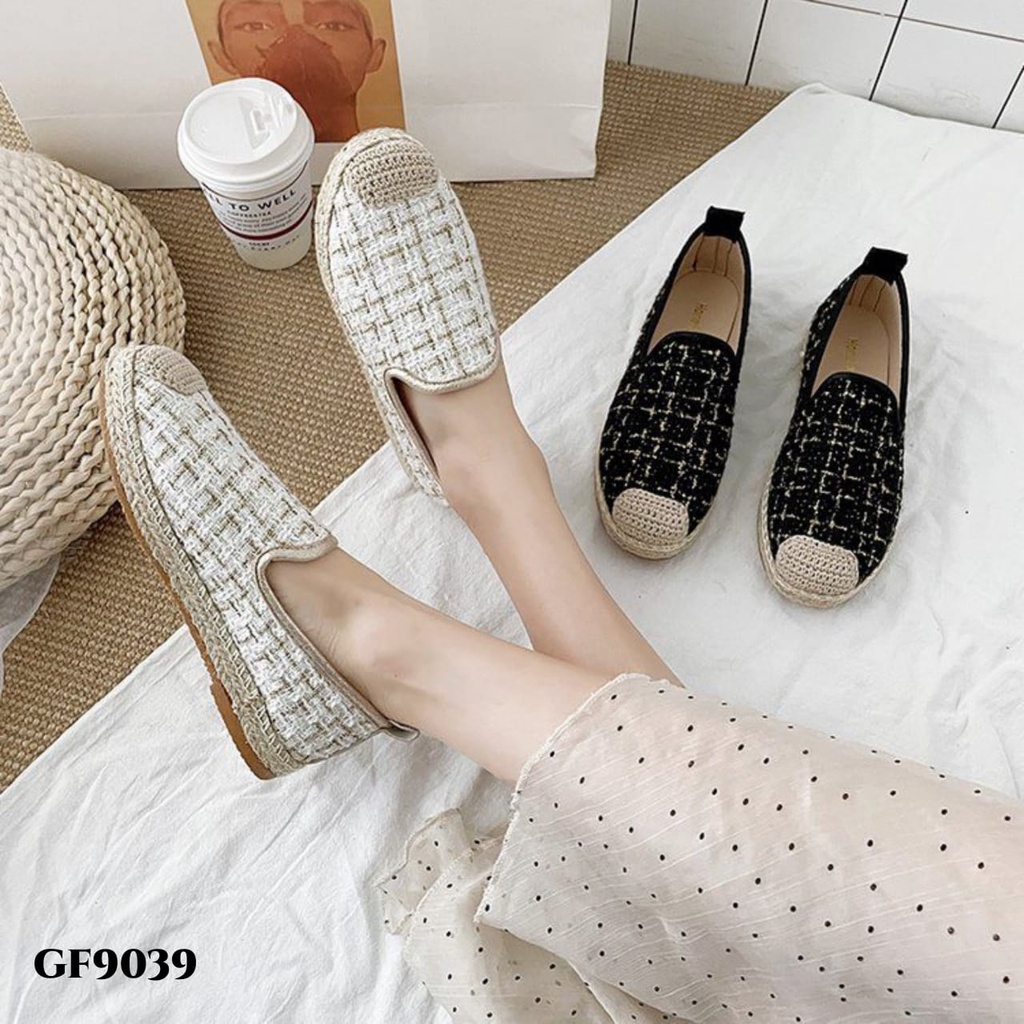 RESTOCK WYN SEPATU FLAT SHOES LINEN CLOTH PLAID ROUND GF9039