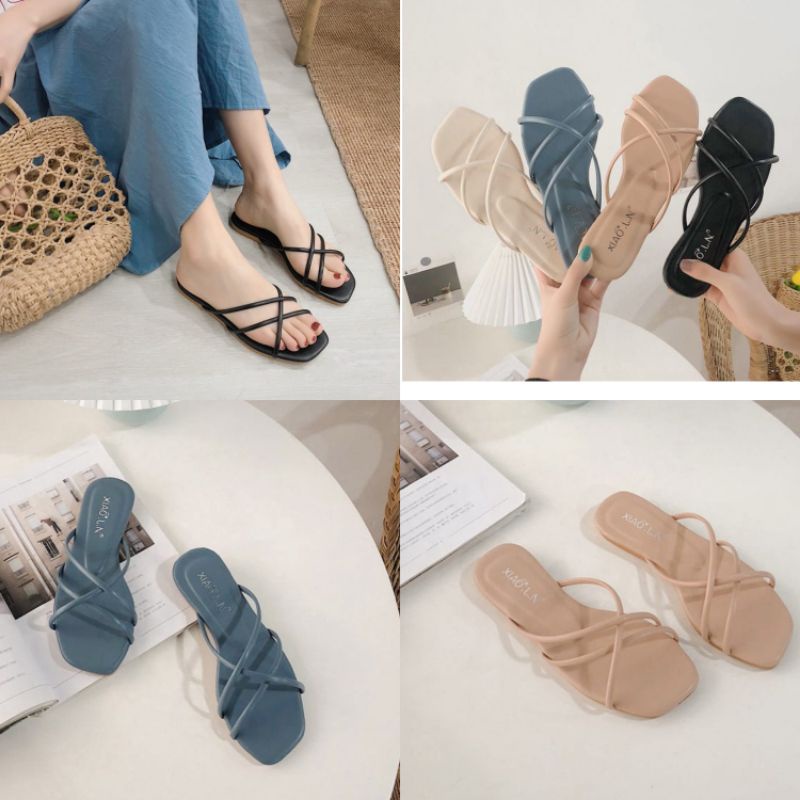 Sandal Flat Teplek Wanita Motif Tali Silang