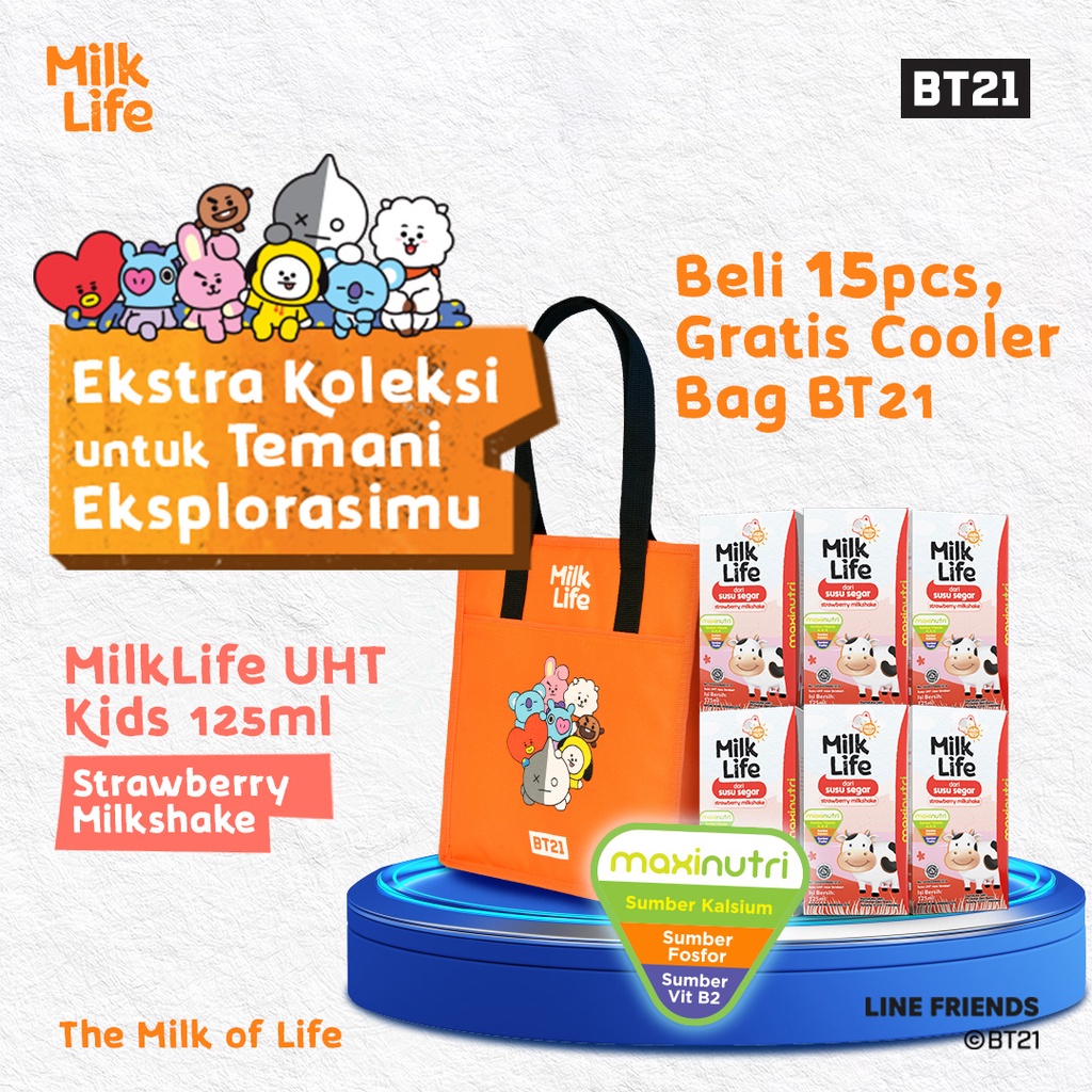 MilkLife Stroberi Milkshake - UHT Kids [15 pcs/Tetra Slim Leaf 125 ml] - FREE COOLER BAG BT21
