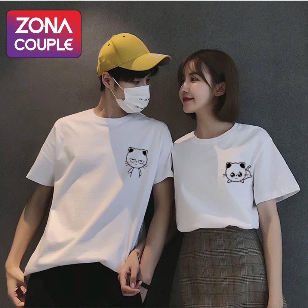 KAOS COUPLE MODEL KOREA KEKINIAN CAT LOVERS KAOS PASANGAN PACAR BAJU PUTIH LENGAN PENDEK KAOS KAPEL 