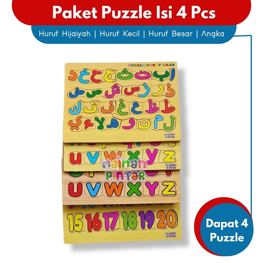 Mainan Edukasi Anak Paket Puzzle Kayu Isi 4 Huruf Hijaiyah Arab Huruf Besar Kecil Angka 0-20