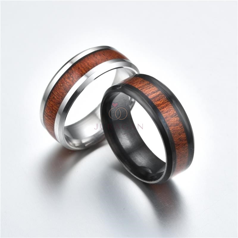 [UKIR NAMA] Cincin Titanium Pria Black/Silver Wood Ring BONUS Gelang