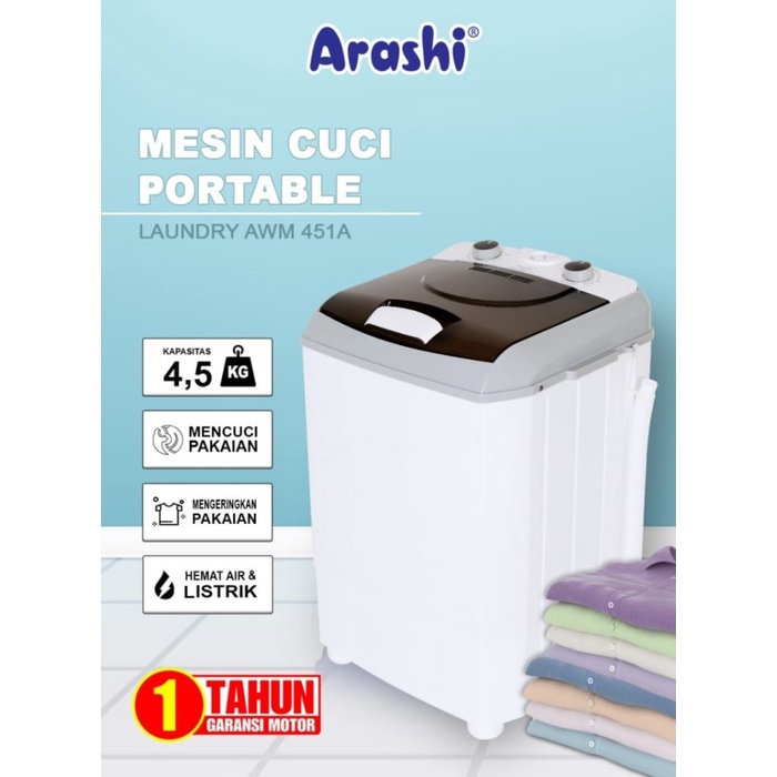 Instant Kurir Arashi Mesin Cuci Portable AWM-451 A / AWM-451A / AWM451A / AWM451 A / AWM 451A / AWM 451 A Mesin Cuci Mini 4.5 Kg