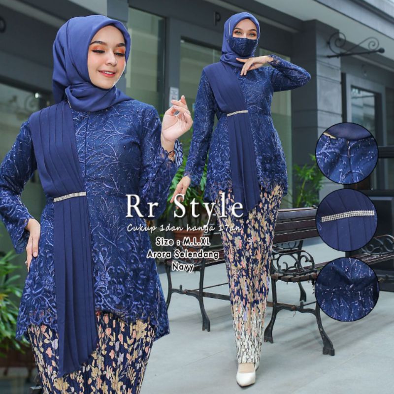 AURORA SELENDANG PURPLE ~ SETELAN KEBAYA MODERN ~ AURORA SELENDANG CERUTY ~ KEBAYA KEKINIAN - KEBAYA-1SET NAVY