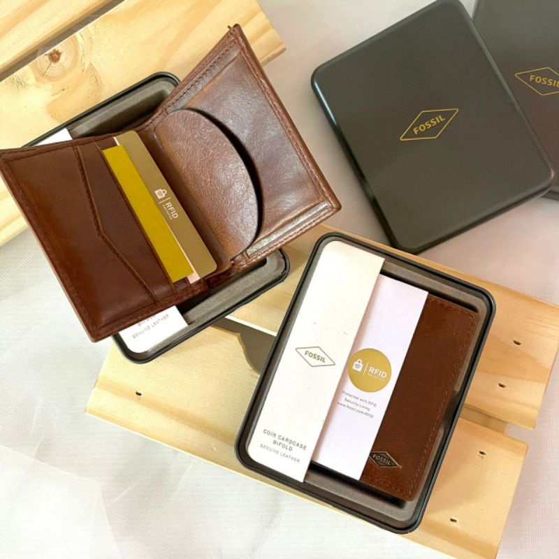 Dompet Fossil Pria Original Ryan RFID Coin Pocket Bifold with Tin Box/Dompet Kulit Asli