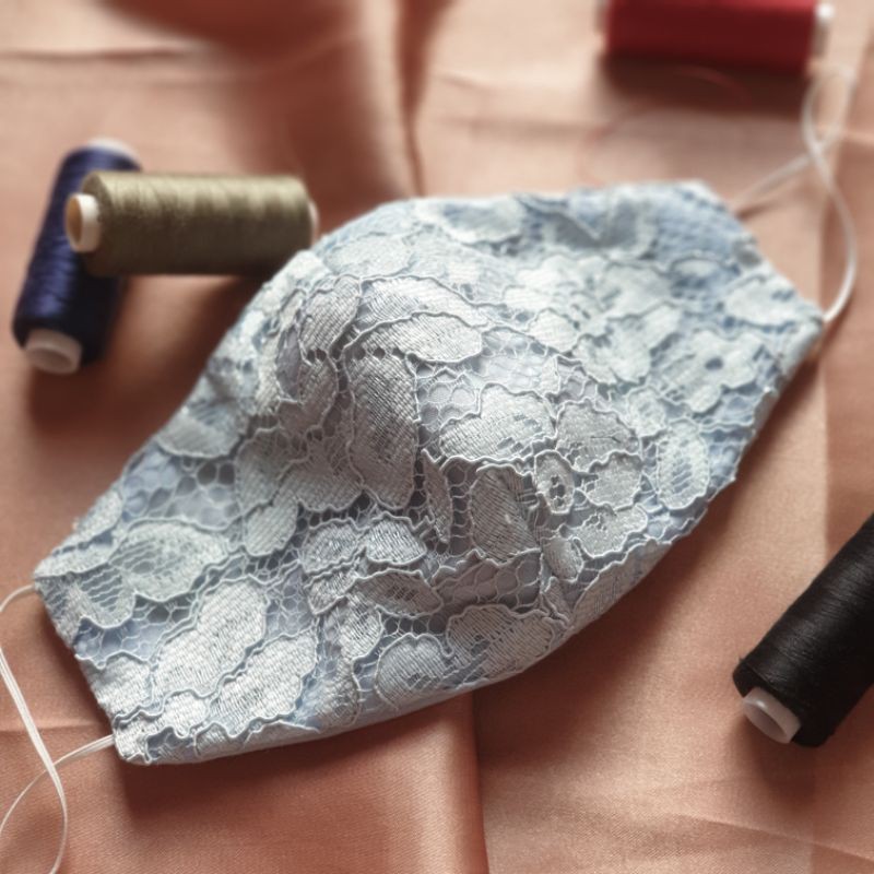 Masker Kain Lace Dewasa Earloop Handmade 3 Ply Biru muda