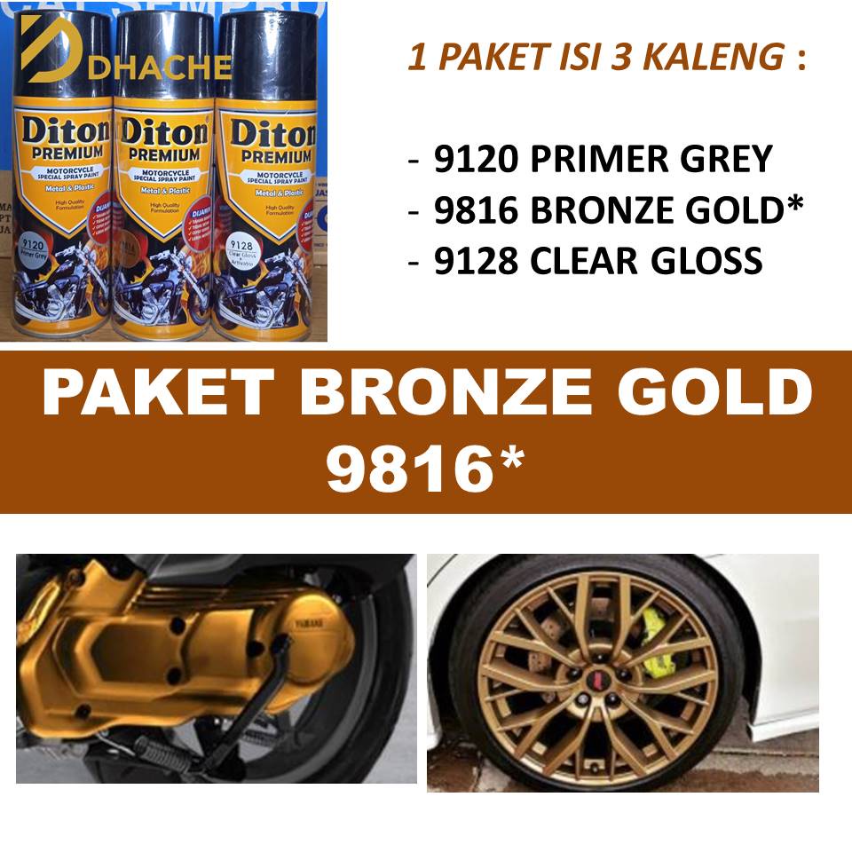 Paket Lengkap Cat Pilox Diton Premium 9816 Bronze Gold Tembaga 400cc Velg Mesin Sepeda Motor Mobil