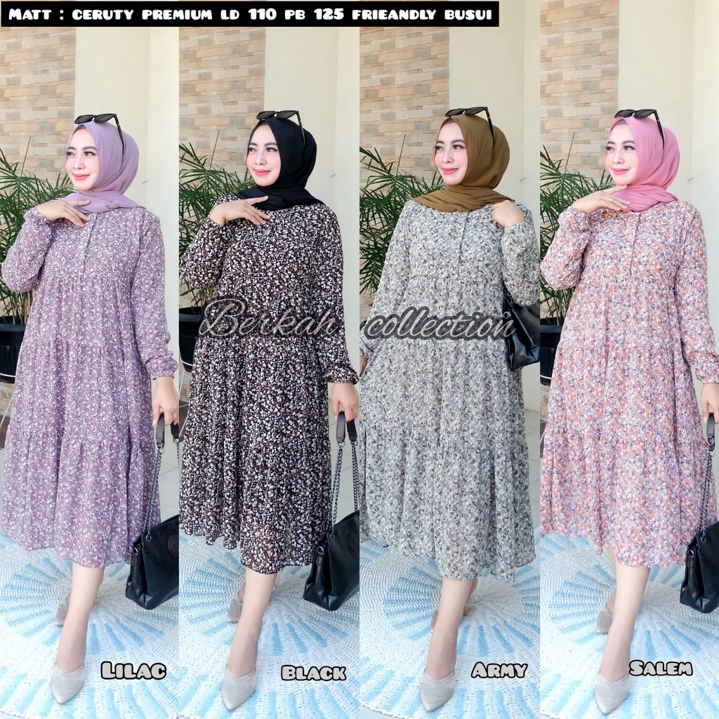 BISA [ COD ] MIDI DRESS BAHAN CERUTY BABY DOLL TERBARU MOTIF BUNGA  , MIDI DRESS KECE , DRESS KEKINI