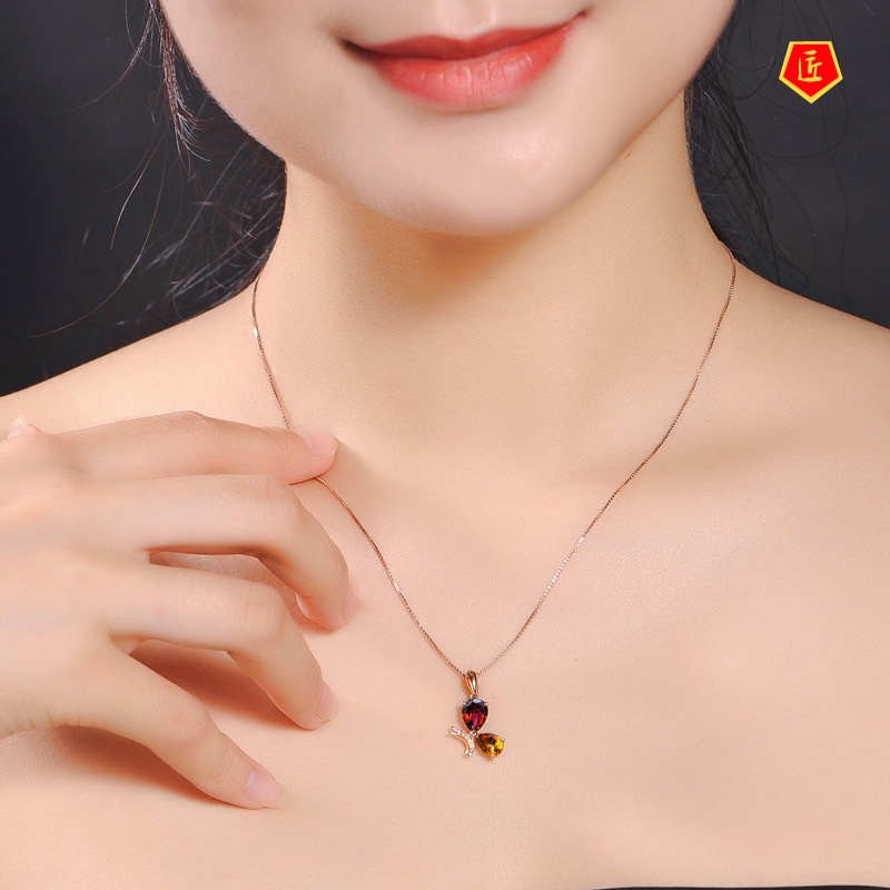 [Ready Stock]Silver Necklace Two Colored Gemstone Pendant 18K Rose Gold Elegant Fashion