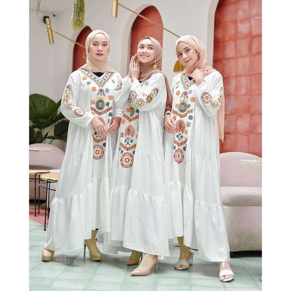 Baju Gamis Bordir Terbaru Busana Muslim Murah Hitam Putih Midi Maxi Dress Lebaran Wanita Kekinian