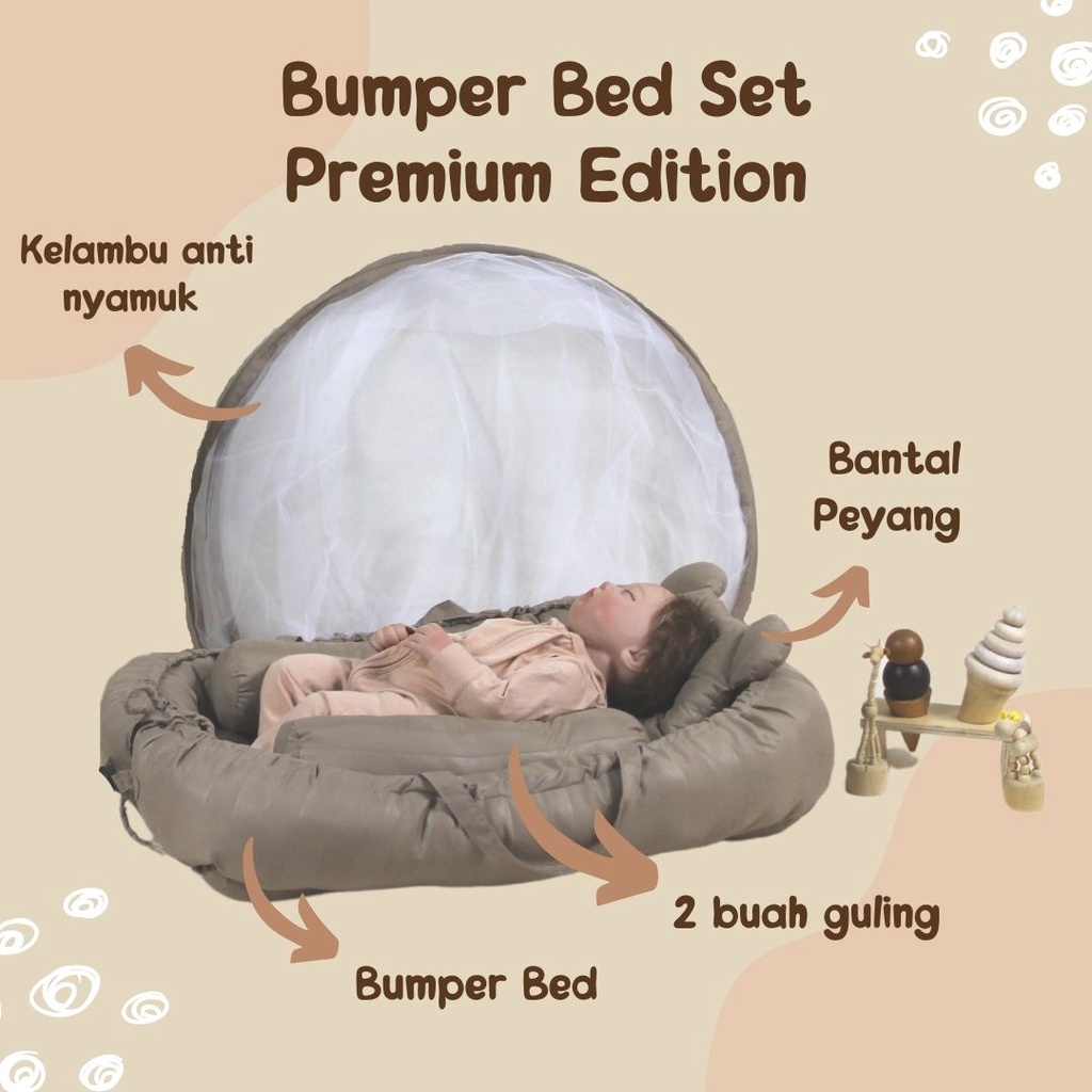 Bumper Bed Set Premium | Kasur Bayi Kelambu - Solid Color - Katun Kingkoil - Kelambu Lepas Complete Set Portable - Baby U Grow-1