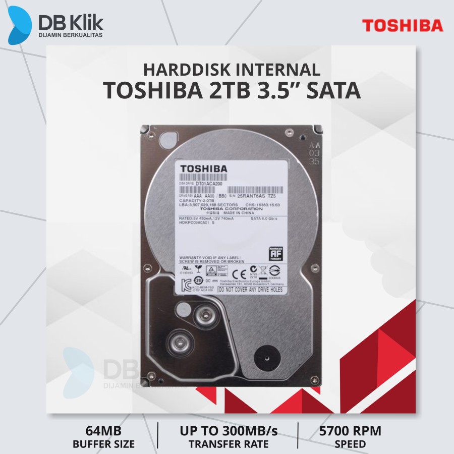 Harddisk HDD Internal PC Toshiba 2TB 3.5 Inch SATA &quot;Original&quot;