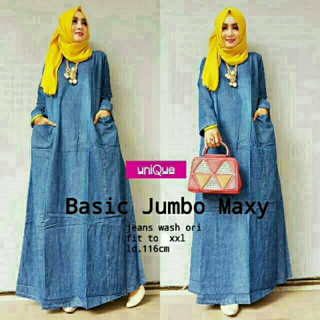 Basic Jumbo Maxy, GAMIS JEANS WANITA CANTIK MODIS POLOS FIT XXL LD 114 BAHAN JEANS WASH TERMURAH TERLARIS OOTD