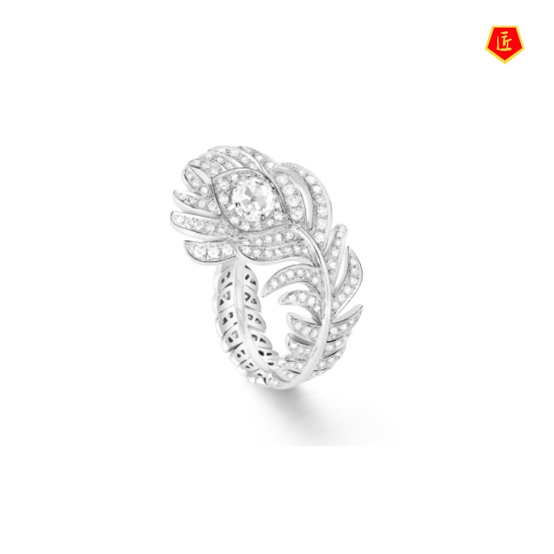 [Ready Stock]Feather Full Diamond Ring Light Luxury Temperament Adjustable