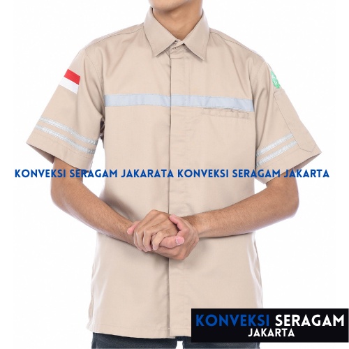 Baju Kemeja Safety K3 Lengan Pendek - Seragam Kerja Atasan Wearpack Werpack Werpak Proyek Tambang Warna Cream Krem Pria Wanita - Konveksi Seragam Jakarta