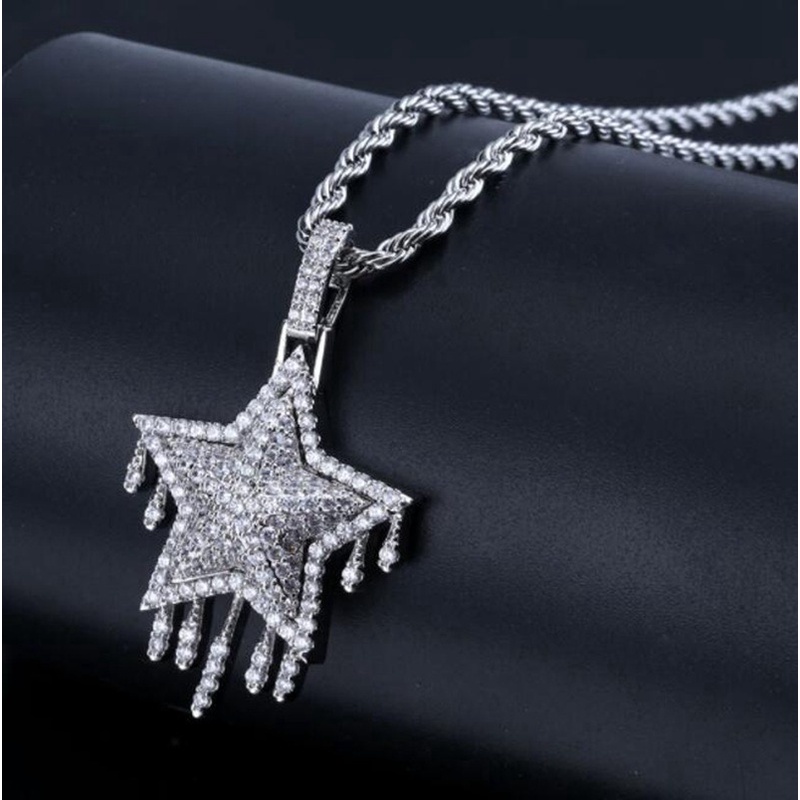 Kalung Dengan Liontin Bentuk Bintang Dan Tetesan Air Bahan Zircon Warna Emas Dan Silver Gaya Hip Hop Untuk Unisex