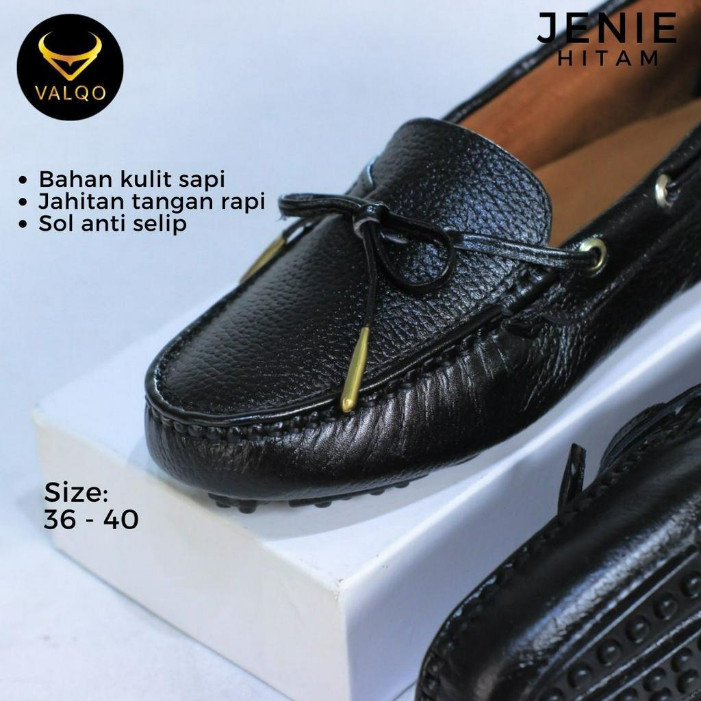 [VALQO] JENIE Hitam Sepatu Kulit Sapi Wanita Kantor Santai Loafer Flat Shoes Sole Anti Selip