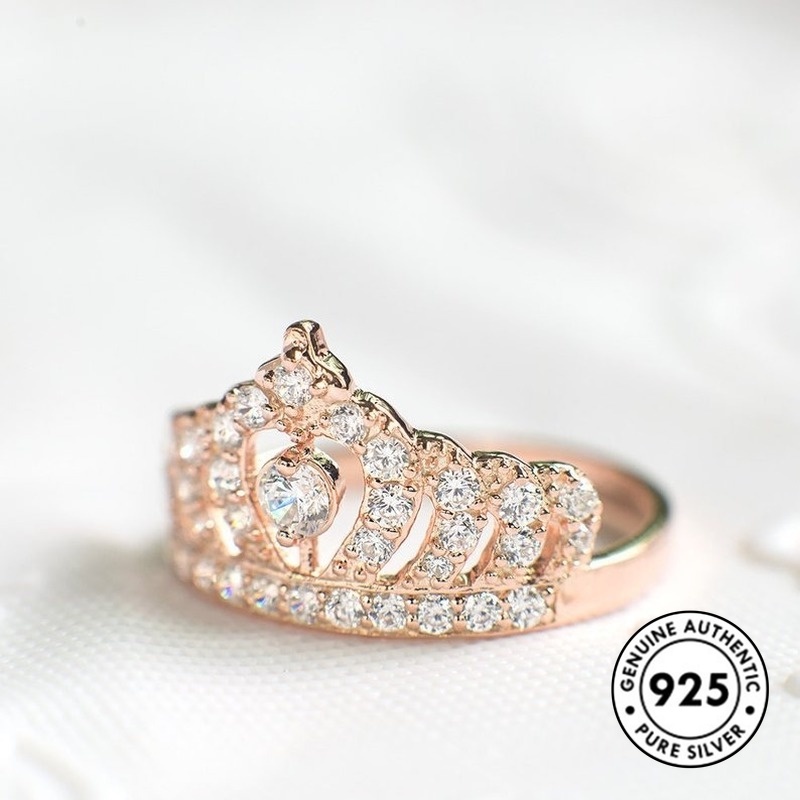 Cincin S925 Silver Rose Gold Bentuk Mahkota Aksen Berlian