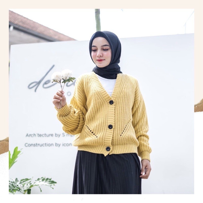 Cardigan Rajut Motif DHIYA | type 3 Get | Rajut TEBAL Premium | Pakaian Rajut Atasan Wanita-mustard